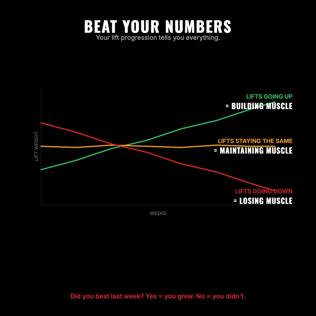 Beat Your Numbers — lifts up means building, same means maintaining, down means losing