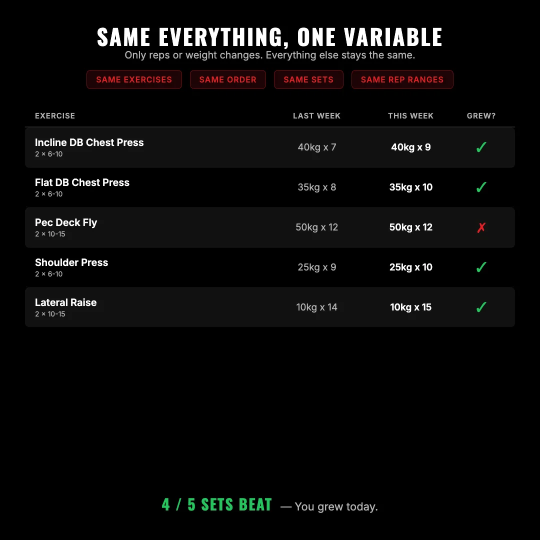 Same Everything, One Variable — same exercises, same order, same sets, same rep ranges, only reps or weight changes
