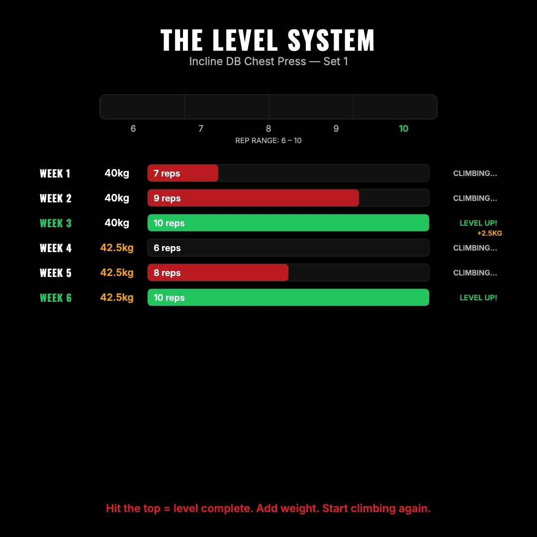The Level System — stay on the same weight, add reps until you hit the top of the range, then add weight and start again